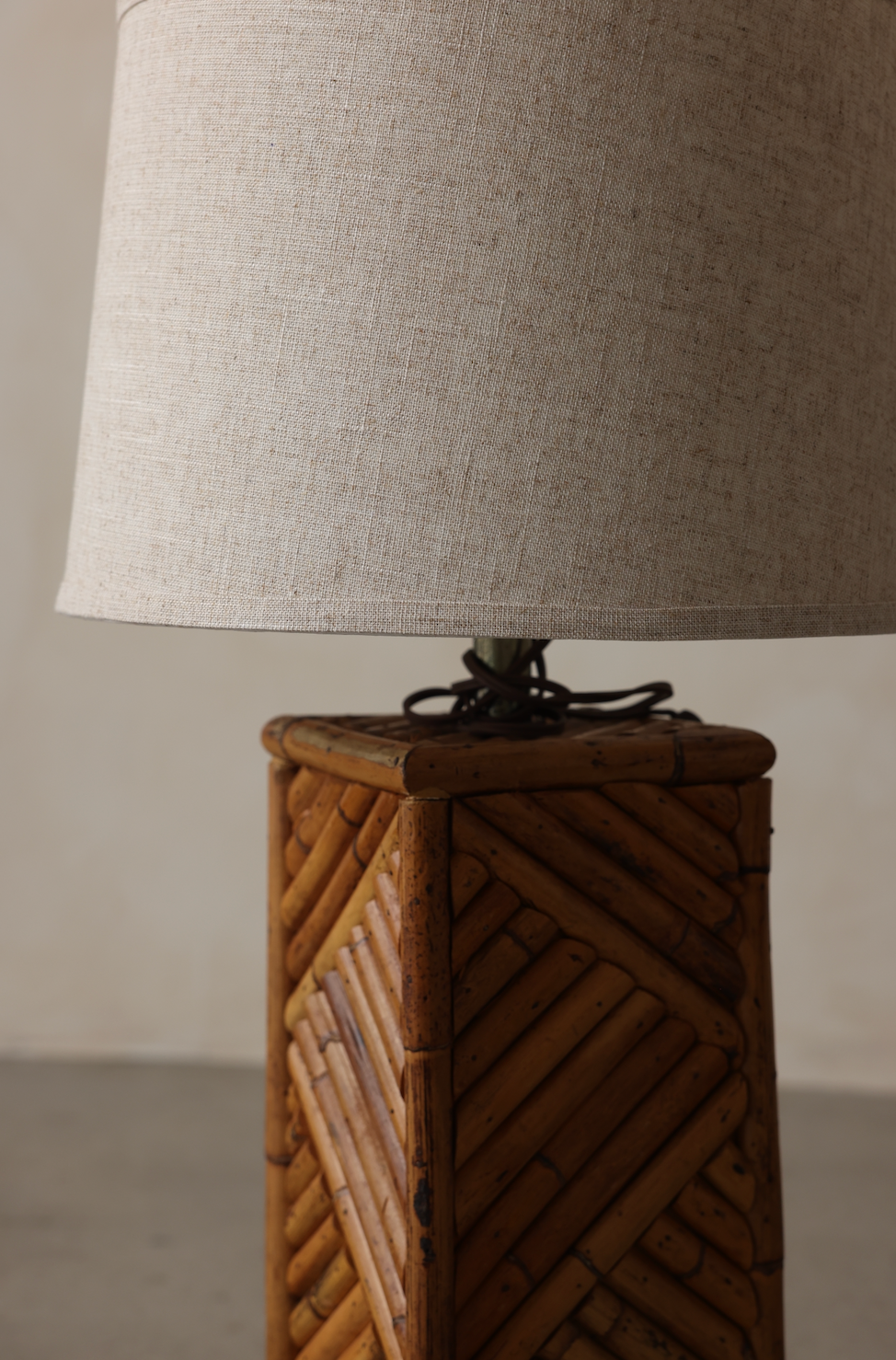 1970s Rattan Table Lamp with Geometric Inlay