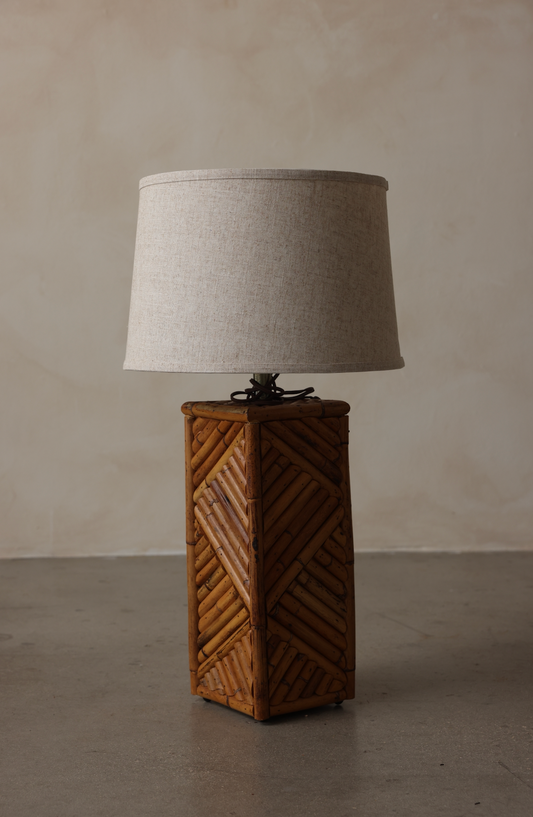 1970s Rattan Table Lamp with Geometric Inlay