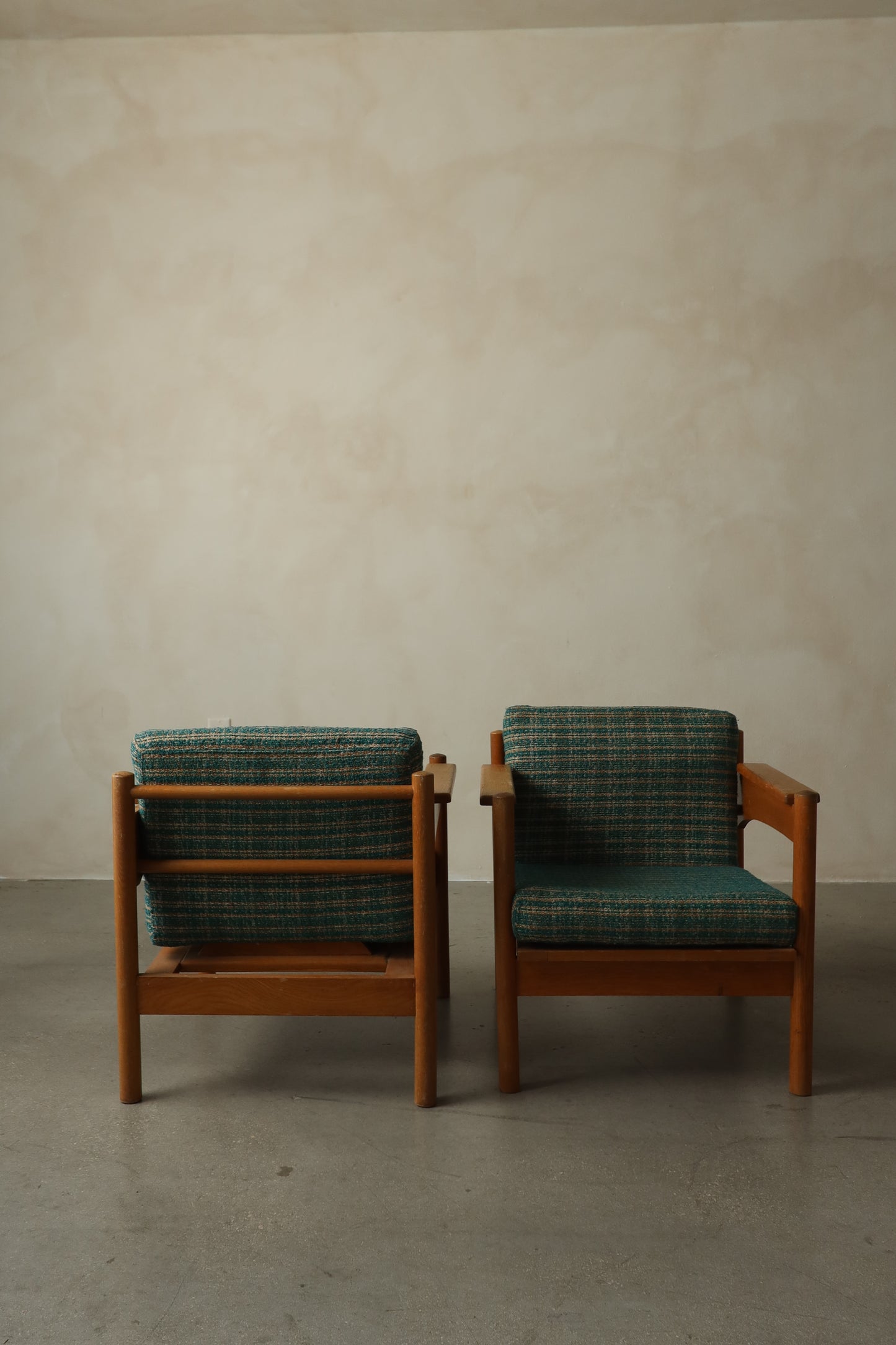 Pair of 1970s Teak Armchairs with Woven Upholstery