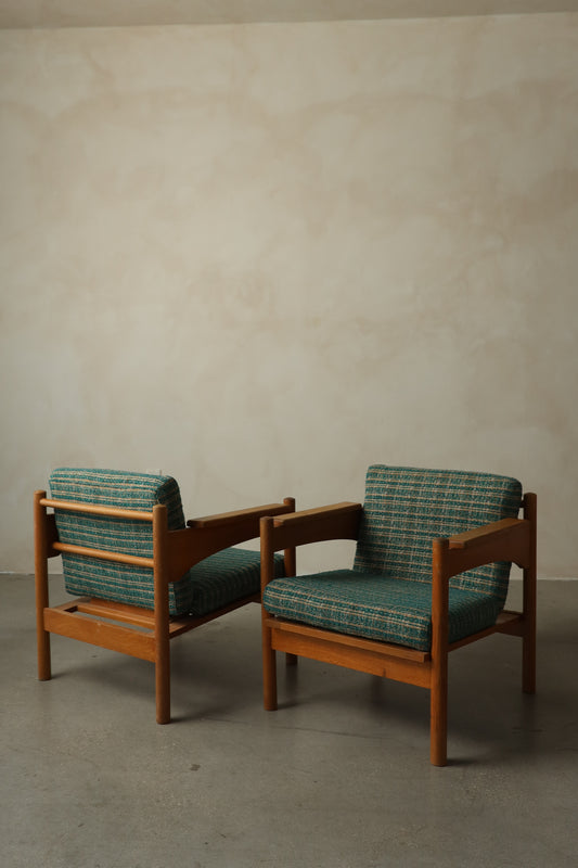 Pair of 1970s Teak Armchairs with Woven Upholstery