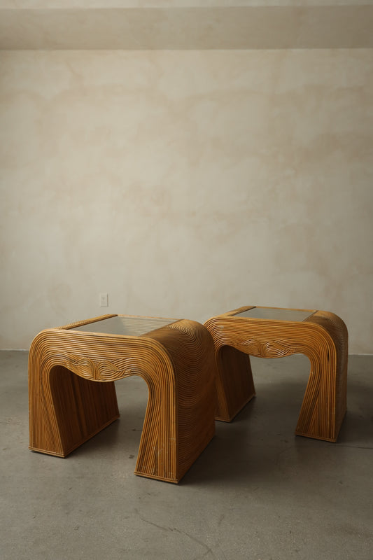 Pair of 1970s Waterfall Rattan & Glass Side Tables